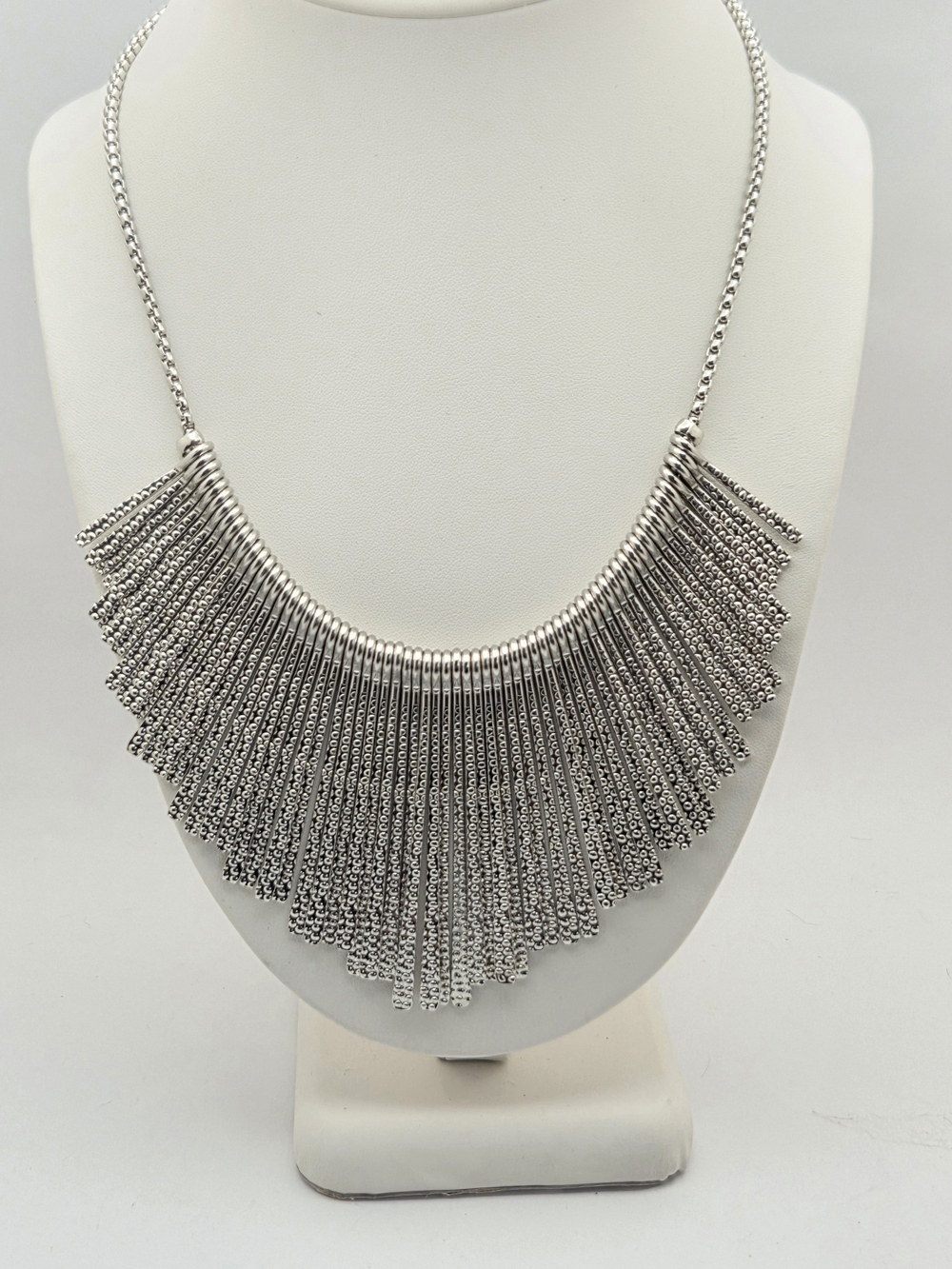 Reversible Silver Tone Statement Necklace | Hammered & Smooth Fringe Bib